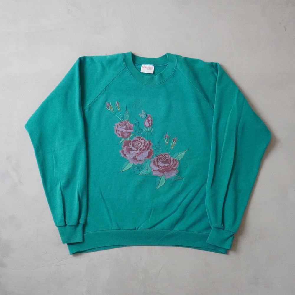Vintage Sunbelt Sportswear Rose Sweatshirt Large Mens 90s Teal Green Floral USA